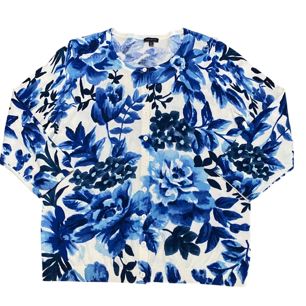 Talbots Womens Blue White Floral Button Front Cardigan Sweater Size L 3/4 Sleeve